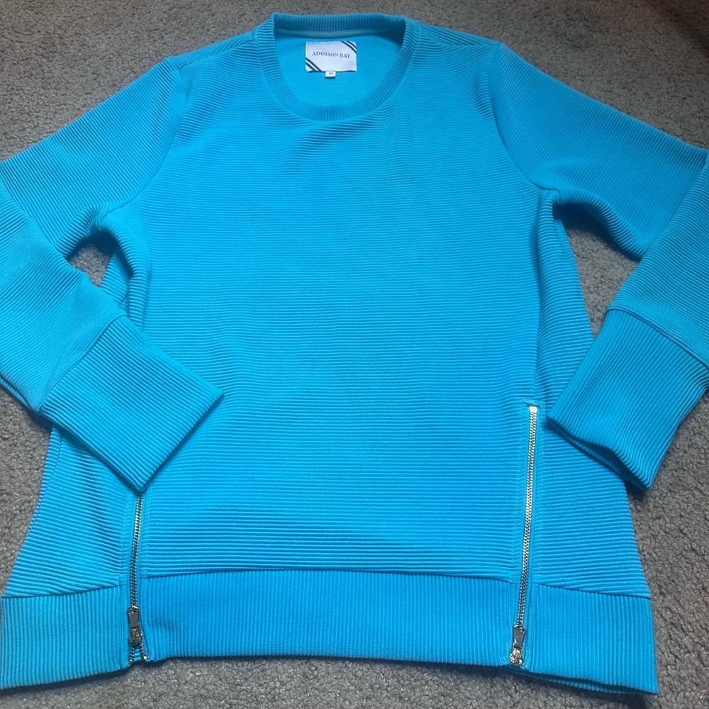 ADDISON BAY Turquoise Blue Ribbed Sweater Gold Zipper Accents Scoop Neck MED